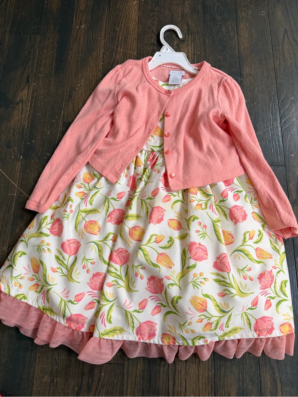 Tahari coral Floral Dress with Coral Cardigan size 5 girls like new